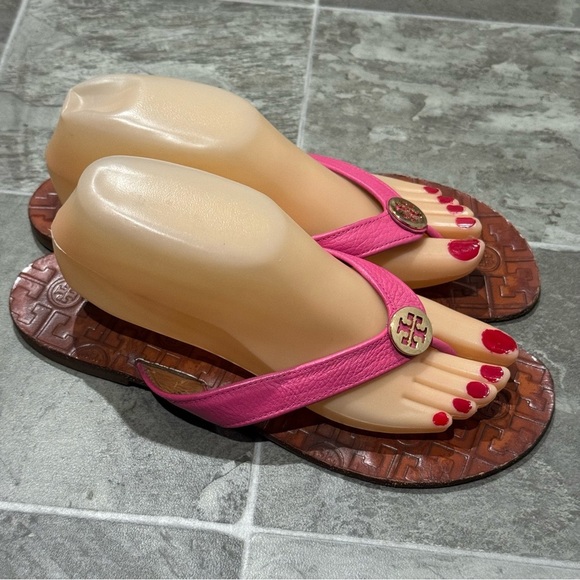 Tory Burch Leather Thong Sandals Size 10 THORA Tumbled Hibiscus Pink - Picture 3 of 11